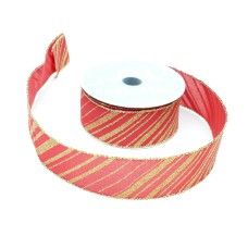 1.5 Inch Red Wired Christmas Ribbon With Gold Diagonal Stripes and Edges. 10 Yards Per Spool (Lot of 1 Spool) SALE ITEM